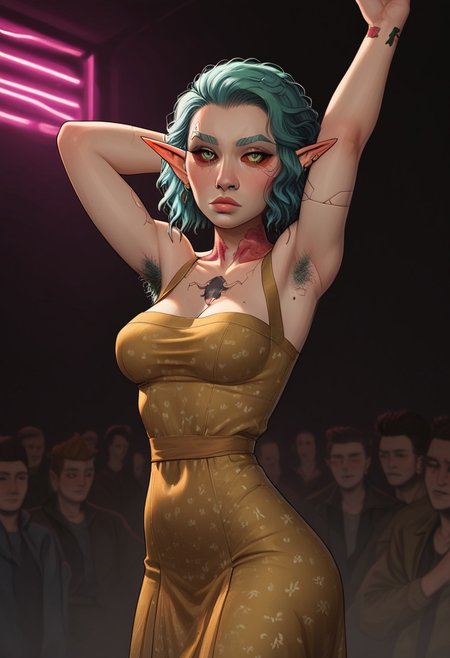 dance club background, neon lights, cyberpunk club, dancing fantasy races, crowded, short pointy ears, dwemer ears, human eyes, beautiful eyes, short ears, piercings, aquiline features, rough complexion, floral tattoos, feminine, dwemer woman, healthy build, uncanny, pale white skin, ivory skin, weathered skin, large nose, animated realism, zoomed out, henna tattoos, Syrian features, cleavage, light-grey skin, patterned one-piece, underarm hair, hairy armpits, pubic hair, bushy eyebrows, unibrow, natural eyebrows, white sclera, round pupils, slanted eyes, slanted brows, highly detailed, defined features, looking at viewer, sensual pose, dynamic lighting, 19 years old, flirty expression, large breasts, plump ass, expressive eyes, wavy hair, thick hair, semirealistic, alien elf, spanish features, jewish features, cyberpunk hair, sharp features, high detail, absurdres, pretty eyes, white eyes, detailed eyes, assyrian clothes