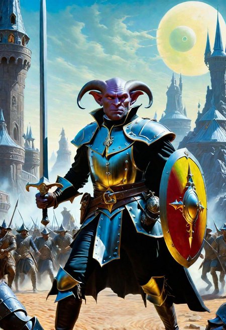 A hyperrealistic 8k photograph was captured by Sid Avery's Hasselblad camera, depicting close-up a handsome+ Tiefling shield bearer with pink+++ skin and slender build during a battle+++, surrounded by goblins++, He has a bald head, neon yellow eyes, calm++ and handsome+ and detailed face, cold smile++, mysterious and ominous aura of dark shadows enveloping the figure, Lovecraftian Horror-themed, in the artistic style of Boris Vallejo, Shadows casting an uncanny atmosphere, hints of eldritch dark energy crackling, He is dressed in a musketeer outfit, high details and era-appropriate, He is wielding a magically radiating+ Backsword+ in the right hand, and he is holding a steel shield+++ in the left hand, Backdrop (background) of a focused scene of a battle with goblins next to a crystal palace, Mysterious composition, imbued with a dark, ambient 3d warm studio backlight.