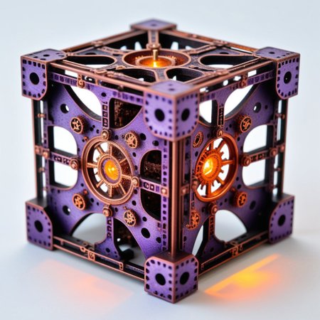 corroded cast iron termite hill cross_section menger cube,  topaz, Mandelbrot set, tesseract time machines, steel and copper wiring, dodecahedron, glowing purple gears,  spherical mechanism