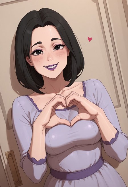 , 1girl, solo, medium build, medium hair, sfw, safe for work, covered skin, flowy dress,  black eyes, purple lipgloss, smiling, portrait, upper body, heart hands, mature female, foreshortening, detailed, newest, shiny skin, cowboy angle, solo focus, medium breasts, fenqury