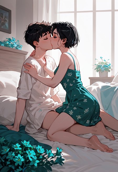 score_9, score_8_up, 
1girl, female, pale white skin, pale blue eyes, thin, black hair, pixie haircut, short hair, emerald flower summer dress, on her knees, kissing, 1male night, on a bed, bedroom, intimate