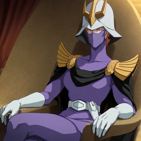 <lora:GOKycilia>,
masterpiece,best quality,good quality,newest,
looking at viewer,
solo,
GOKycilia,1girl,orange hair,helmet,mask,ninja mask,red eyes,earrings,
purple military uniform,white belt,cape,capelet,white gloves,
sitting,crossed_legs,