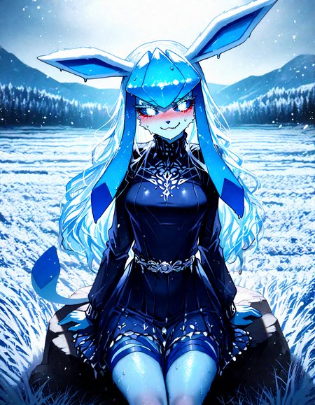 pokemon, glaceon , 1girl, ban! \(bansankan\):0.7, quasarcake:0.8, wlop:0.9, animal_ears ,animal_nose,blue_fur ,blue_hair ,blue_sclera, blue_sky ,blue skin,blue_theme, blurry, blush, body_fur, breasts,colored_sclera, cowboy_shot ,  fang, furry ,furry_female,  happy , medium breasts, looking_down , nose_blush, outdoors, personification ,pokemon_(creature),long_hair, shiny_skin ,sidelocks,sky, smile, solo ,sweat , tail ,white_eyes, long_sleeves, black_shirt ,black dress,leg_ribbon, ,
pov , looking at viewer, sitting, sitting on rock,
snowy, snow, outdoors, field, mountain, cloudy sky, trees, fr0stwrld, ice ,
masterpiece, best quality, Good quality, very aesthetic, absurdres, newest, (Perfect details), solo,
<lora:Fr0stWrld4:0.7>, <lora:ponyv5_noobV065S_1_adamW:0.8>, <lora:illustrious_noobai_epsilon_pred_1_best_quality_v1:0.7> ,<lora:illustrious_noobai_epsilon_pred_11_very_aesthetic_v1:0.7> ,<lora:illustrious_noobai_epsilon_pred_1_masterpieces_v1:0.7>