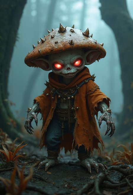 A professional photo of a menacing mushroom goblin standing in a foggy forest. The goblin is small but exudes an ominous presence. Its skin is pale, almost white, with deep wrinkles and dark shadows, giving it a lifeless, eerie appearance. Its piercing red eyes glow with a malevolent intensity, while small, sharp teeth peek out from its gnarled mouth. The goblin wears a dark orange, weathered cloak resembling a mushroom cap, with detailed textures showing small, fungal growths and spikes emerging from its surface. The cloak is tattered, with jagged edges that add to its sinister look. Long, spindly fingers protrude from the goblin’s sleeves, ending in sharp claws, poised as if ready to attack.
The background is a dense, mist-filled forest with towering, twisted trees barely visible through the thick fog. The ground is damp and covered in decaying leaves and fungi, enhancing the atmosphere of decay and gloom. The faint glow of the goblin’s eyes is the primary light source in the dim setting, casting eerie shadows on the surrounding environment. The composition highlights the contrast between the dark, foreboding forest and the glowing figure of the goblin,4k,uhd,RPG Style