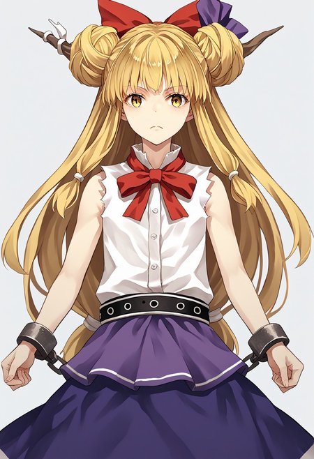 score_9, score_8_up, score_7_up, score_6_up, score_5_up, score_4_up, source_anime, 1girl, solo, 
ibuki suika, double bun, blonde hair, low-tied long hair, hair bow, yellow eyes, sleeveless white shirt, belt, purple skirt, shackles, 
masterpiece, best quality, very aesthetic, absurdres,