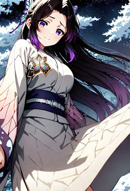 masterpiece, best quality, ultra-detailed, anime, masterpiece, intricate, best quality, 4k, (high detail:1.2), (incredibly detailed:1.4), vivid colors,
very aesthetic, illustration, perfect composition, cinematic, intricate details, absurdres, detailed face, detailed skin, perfect skin, perfecteyes,
1 woman, shinobu kochou, animal print, black hair, butterfly, butterfly hair ornament, butterfly print, forehead, gradient hair, hair ornament, haori, multicolored hair, parted bangs, purple hair, short hair, two-tone hair, planet size, solo, (large breasts: 1.3), (atletic body:0.9), shy smile, looking down, long hair, very long hair, sidelocks, kimono, white kimono, blue belt, snowflake pattern, standing, full body photo,
Snowy forest, mountains, 
Side view,