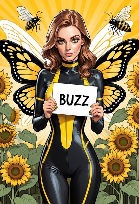 Cartoon style drawing style, woman holding a white card with words "NEED BUZZ", wearing black and yellow stripped lycra catsuit, sunflowers in the background, detailed background, insect wings, intricate details