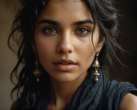 Close-up portrait of the eyes of a gypsy girl (Anna Dittmann features), in profile, wavy black hair, loose and messy hair, strands on the face, wind, hyper-detailed black eyes, direct gaze, dark skin, straight nose, lips fleshy, (open mouth: 0.5), (smile: 1), long face, black scarf around the neck, earrings, fashion style, (Steve McCurry, Herb Ritts, Mario Sorrenti), jasmine, musk, sensuality, tones earth, dark Venetian stucco wall background, studio posture, side light, high contrast, photographic quality, 4K