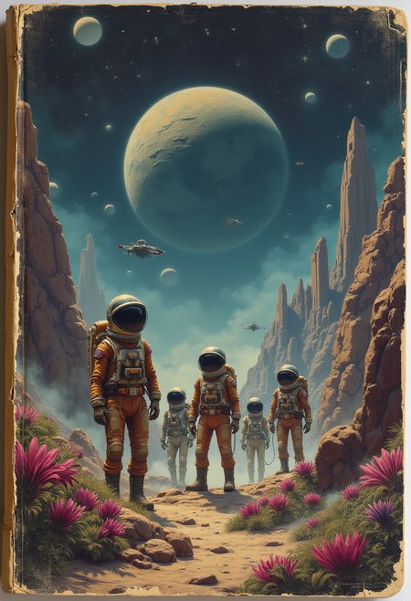 The cover is a faded, worn canvas depicting a cosmic landscape, the colors slightly muted with age. In the center, a mysterious alien planet looms, its surface marked by craggy, uneven terrain and swirling, mist-filled valleys. The once-vibrant purples and greens of the alien landscapes have softened, giving way to a more subdued palette, while strange, otherworldly plants, with their long, tendril-like leaves, stretch towards a dim, distant sun.

A group of astronauts, diverse in their retro-futuristic gear, stand boldly in the foreground. Their spacesuits are detailed with thick, segmented padding and large, reflective visors, scuffed and scratched from countless adventures. The creases of the spine hint at frequent reading, and the paint on the spacesuits appears slightly chipped, as if weathered by time. Their gazes are fixed ahead, where strange alien creatures with elongated limbs and translucent bodies roam through the strange terrain.

Above them, a fleet of angular, vintage spacecraft hovers, the once bright thrusters now dulled by countless journeys through space. The faded title of the book curves across the top of the cover, the letters cracked and worn, hinting at its many years of handling. The backdrop of the scene is a dark expanse of space, dotted with faint, twinkling stars and spirals of distant galaxies, their colors softened, almost blending into the aged paper texture of the cover.

In the background, ancient alien ruins rise from the mist, their forms barely visible against the worn cover, suggesting long-forgotten secrets. The edges of the paperback are frayed, and small creases run through the image, enhancing the vintage, well-loved look of this classic sci-fi adventure. The whole scene carries a nostalgic sense of discovery and the thrilling uncertainty of uncharted worlds, as if inviting readers to turn the pages of a time-worn story filled with endless possibilities.
