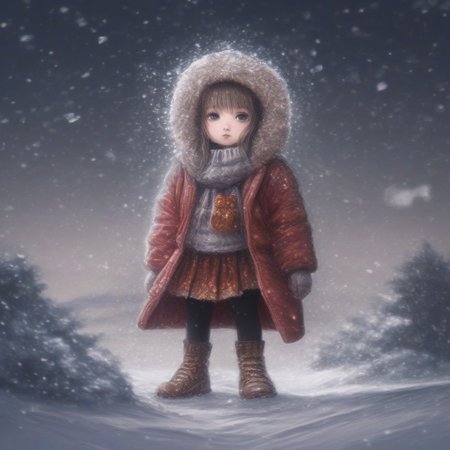 a chibi girl wear santa clause clothes take a bag of golden snowflakes on a street with a lot of snowflakes fall down