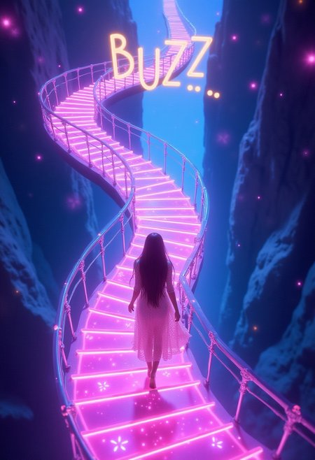 Digital art,illustration,A dreamlike illustration with an overhead view of a distant scene,at the center of which is a woman walking barefoot on glowing,slender steps. The steps spiral and coil in a complex pattern,floating in the void until they disappear into the far distance,resembling a Möbius strip that distorts space. In the distance where the stairs disappear, there is a brightly colored, ethereal artistic font text  "BUZZ".The staircase glimmers  crystal,radiating pink,purple,blue,and yellow lights,dotted with twinkling stars and luminous flower spots. The woman is seen from behind,her long hair flowing freely,wearing a shimmering,semi-transparent gossamer gown. The dress flutters gently,also adorned with light spots in a gradient of colors. The entire scene has a strong play of light and shadow,creating a surreal and fantastical atmosphere. The void around the staircase also sparkles with strange,colorful glows.,