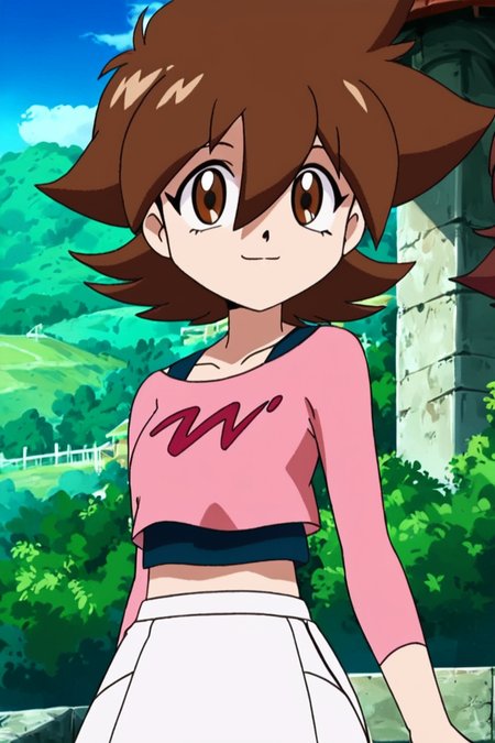 score_9, score_8_up, score_8, medium breasts, (curvy), cute, eyelashes,       ,,, , zzTachibana, brown eyes, hair between eyes, brown hair, flipped hair, short hair, spiked hair, pink shirt, long sleeves, white skirt, crop top, midriff,   ,<lora:Tachibana_Hiromi_PDXL:1.0>, , BREAK, smile, looking at viewer, cowboy shot, ,,, outdoors, sky, day, cloud, tree, blue sky, sunny,  ,,, Expressiveh, ,,, <lora:Alola_Style_PDXL:0.8>, <lora:Expressive_H-000001:0.4>,