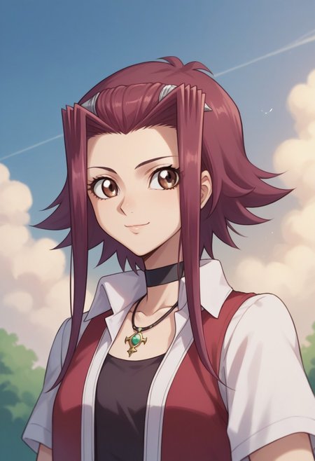 score_9, score_8_up, score_7_up, source_anime, highly detailed, 
akiza, 1girl, solo, brown eyes, jewelry, choker, necklace, red hair, jacket, 
short hair with long locks, shirt, white shirt, upper body, school uniform, skirt, black skirt, smile
outdoor, sky