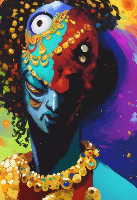 score_9, score_8_up, score_7_up,  hindu god dancing in the swirling cosmos, wild dance kicking and flailing, radiating their awesome godlike might, strange man, beautiful full beard, big eyes, dark blue skin, white eyes, golden jewelry, a belt of skulls, a necklace of severed bloody heads,( inhumanly thin:1.1)