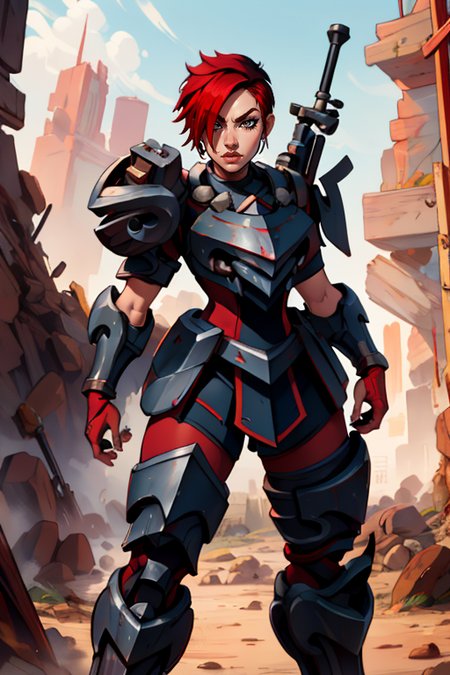 masterpiece,best quality,extreme detail,8k,image sharpness,<lora:ash:0.8>, ash2,1girl,solo,short hair,weapon,red hair,armor,hair over one eye,two-tone hair,lips,gun,scar,pauldrons,greaves,huge weapon,power armor,