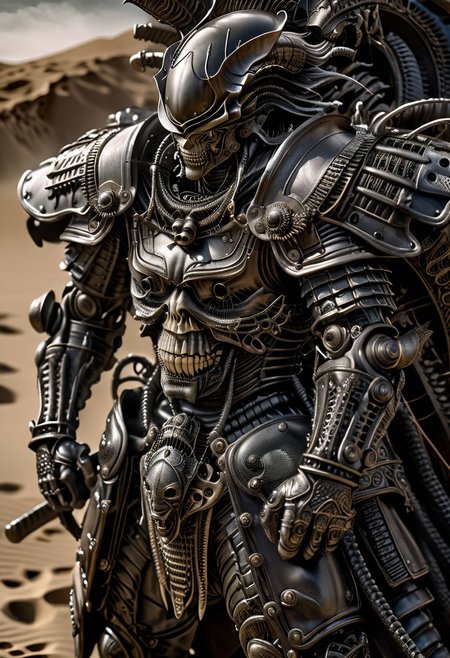 stunning, magnificent, HD, photorealistic, samurai, dramatic lighting, solo, standing alone in a desert, intricate details, intricate armor, intense gaze, mythical, legendary, powerful, ((dark, evening)), cinematic, close-up, art by hr giger,
 armor, science fiction, no humans,
 vintage painting,painting,realism,Americana art,artistic style