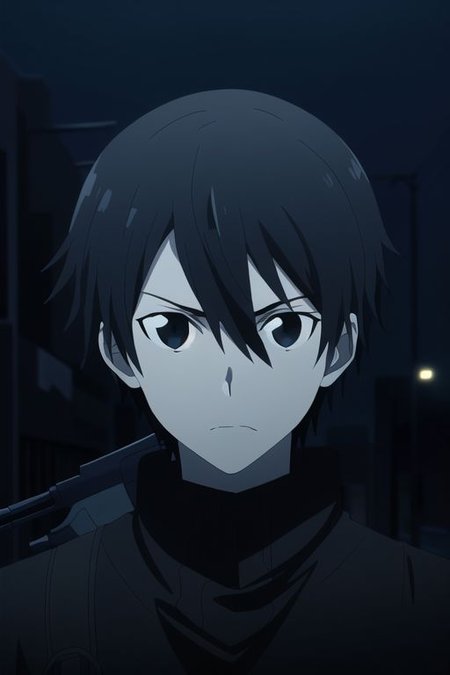 high resolution, professional photography, best quality, 1Boy, Kazuto Kirigaya, Black Hair, Black Eyes, potrait, midnight, big city, dim street lights, dirty, cold, tense, mysterious, sharp eyes, merciless, threatening, weapon, aiming the weapon at the viewer,