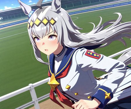 masterpiece, best quality, amazing quality, , 1girl, solo,  racetrack, running,  <lora:Oguri Cap in game style 3D ILL-v2:1> ummsmingame, 3d, oguri cap \(umamusume\),