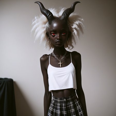 score_9_up, score_8_up, score_7_up, 
1girl, solo, <lora:bdemonpony011:1>, colored skin, pale skin, black skin, black hands, black feet, red eyes, black iris, monster girl, skinny, slim, horns, white hair,  
chain necklace, cross necklace, bracelets, white shirt and plaid skirt, 
indoors, dark black room, music decorations, 80's punk style, solo,  <lora:Skin Color_alpha1.0_rank4_noxattn_250steps:2.0>