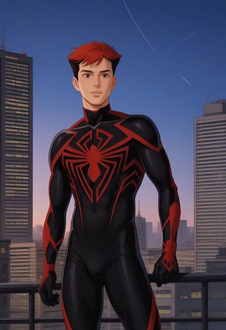 score_9, score_8_up, score_7_up, score_6_up, score_5_up, zPDXL3, zPDXLrl, source_anime, masterpiece, newest, highly detailed, absurdres, rating_explicit, zPDXLxxx, solo, 1boy, male focus, spiderman, black costume, outdoors, brooklyn, new york city, slim, skinny, perfect face, cowboy shot, standing, intricate detail, petite, twink, anime_screencap, posing for camera, presenting