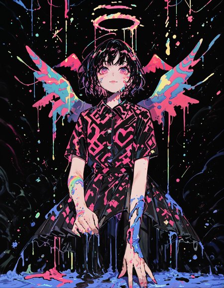 score_9, score_8_up, score_7_up, score_6_up,masterpiece,best quality, absurdres,colourful, pink, blue, black, red, trippy,1girl,solo, wings, halo, skirt, melting, shirt, short sleeves, black background, pink eyes, breast pocket, <lora:soup_perfect:0.7>, <lora:f3nn3rXLP:1>, <lora:Abstract:0.4>