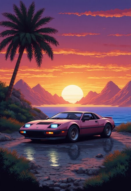 pixel art, photoshoot near the ocean at sunset near a 90s car