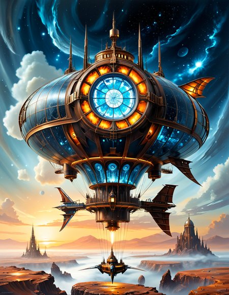 A surreal, steampunk-style painting in the style of JarosÅaw Jasnikowski, depicting a colossal, gothic-mechanical spaceship drifting through the vastness of space. The ship is inhabited by the remnants of humanity, fully transformed into biomechanical cyborgs. The vessel is an ornate fusion of cathedral-like architecture and industrial machinery: bronze towers, rotating gears, stained glass panels glowing with alien light, and massive turbines spinning slowly in zero gravity. Cyborg figures walk along the outer hull, tethered by glowing cables, maintaining the vessel as it glides through a star-filled void. Their bodies are a blend of flesh and complex mechanical systemsâcogs, tubes, exposed circuitry, and metallic limbsâall designed in an absurd, baroque fashion. The backdrop is a deep cosmic expanse with nebulas, stars, and shattered planetary fragments floating around. The lighting is dramatic, with reflections bouncing off polished metal surfaces, casting surreal, elongated shadows. The scene conveys both grandeur and loneliness, emphasizing the transformation of humanity into a forgotten, drifting civilization. The atmosphere is deeply symbolic, with Jasnikowskiâs signature distorted perspective and dreamlike, metaphysical tone.<lora:SDXLFaeTastic2400:0.4> <lora:extremely_detailed:0.4> extremely detailed, <lora:JarosÅaw_J4sn1k0wsk1_r1:1>,JarosÅaw J4sn1k0wsk1, Masterpiece,best quality,hi res,8k,hi res,8k,award winning,(sharp focus, intricate, highly detailed),