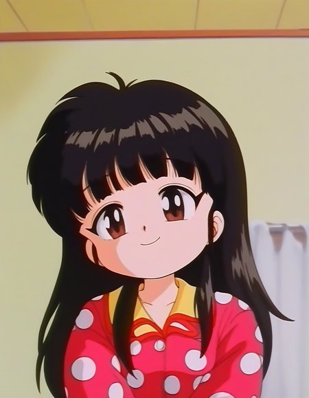 score_9, score_8_up, score_7_up, source_anime, rating_explicit, BREAK  <lora:Byouinji_Yunna_Anime_XL:1> ByouinjiYunna, long hair, bangs, black hair, brown eyes, short stack, solo, small breasts, 
1girl, solo, red pajamas,  smile, polka dot,  long sleeves, looking at viewer, upper body, , closed mouth, indoors