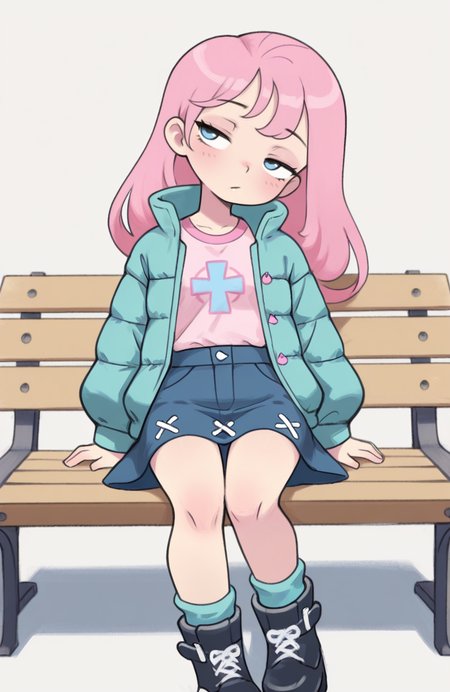 1girl, solo, <lora:qtkat:0.9> qtkat,
crystal pony \(mlp\), aqua open jacket, down jacket, pink button-up shirt, long sleeves, blue cross-laced skirt, aqua tube socks, black snow boots, sitting on bench, relaxed pose, slight head tilt, uninterested expression, casual style, extremely detailed, highres, masterpiece, best quality