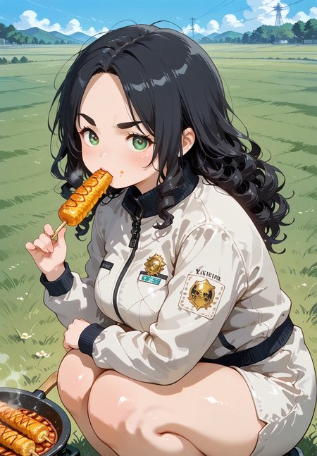 IllusP0s, PonyScores7, source_anime, ah1, IllustriousQual, interesting, exciting, spectacular, wonderful, 
BREAK <lora:xl_more_art-full_v1:0.2>, <lora:aesthetic_anime_v1s:0.2>, <lora:EpicF4nta5yXL:0.2>, <lora:detailxl:0.2>, detailxl, <lora:Fant5yP0ny:0.2>, amazing quality, best aesthetic, absurdres, illustration, Volumetric_Lighting, ultra-detailed, very aesthetic, intricate details, best_quality, <lora:Anime_Aesthetic_Wallpaper_StyleIllustriousXL:0.4>, aniwall,
BREAK (({eating|cooking|serving} Smoky grilled corn on the cob)),
BREAK Stable_Yogis_PDXL_Positives, AS-Adult, <lora:Complicated fantasy portrait - XL Pony V2.0:0.2>, bad-hands-5, <lora:HDA_Detailer:0.3>, <lora:natsumi_style:0.5>, <lora:by_usakun-pony:0.4>, by usakun, <lora:Akina_Bbw_Style_-_PonyXL:0.2>, AkinBw, ((Ground level, (from side), medium distance from viewer, focus on knees)),
BREAK 1girl, mature female, (curvy), round-chin, caucasian, <lora:ETO_OC_Illustrius:0.5>, eto_oc, skindentation, (plump), thick thighs, wide hips, busty, voluptuous, <lora:venus body PonyXL:0.3>, <lora:shinyskin2:0.2>, glistening skin, HDA_FatGirlXL, round ass, large breasts,
BREAK ((<lora:Drive_Scorpion_Jacket:0.8>, drivejacket, white jacket, gold scorpion ornament)),
BREAK (curly hair), long hair, (black hair:1.4), (parted hair:1.7), messy hair, kinky curls, <lora:hairdetailpxl:0.2>, hairdetailpxl,
BREAK (half green and brown eyes), (colorful eyes), (multicolored eyes), (downturned eyes:1.4), <lora:expressive eyes:0.2>, expressive eyes, <lora:eyedetailpxl:0.2>, eyedetailpxl, <lora:Eyes_High_Definition:0.2>, EyesHD, (round face:1.2), (thick eyebrows:1.3), (plump face), <lora:Round_face:0.2>, lips, 
BREAK ((Anger expression)), <lora:Expressive_H:0.2>, Expressiveh, <lora:Emotional_Anime_Expressions_PonyXL_Concept:0.2>, emotional, <lora:Best_Facial_Expression_LoRA_PONY:0.2>, looking at viewer, <lora:Detailed expressive EXEV style -XL Pony V1.0:0.2>, FaceDetail, <lora:Best_Facial_Expression_Helper_XTREME_ILLU:0.4>, kaogei,
BREAK (((Animals in the Field))), <lora:Background Detailer - SDXL:0.8>, 4k, 8k, Ultra HD, Masterpiece, Best quality, Detailed background, <lora:Add_more_details_V2_XLpony:0.4>, full_details, <lora:background-type1:0.4>,