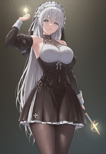 Masterpiece, best quality, ultra-detailed, expressive. anime, anime, anime, 1girl, Lilia, grayish eyes, white hair, medium breasts, large breasts,nun, non-traditional habit, black pantyhose, halterneck, short skirt, battle pose, wand in hand, a light glowing at the tip of the wand