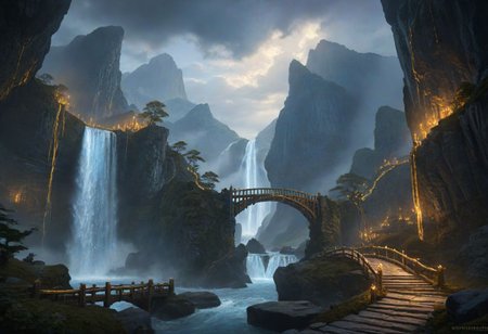 masterpiece, best quality, ultra detailed, professional light, cinematic lighting, ambient lighting, atmospheric effects, epic landscape, high fantasy, waterfall, mountains, cliff, bridge, Kintsugi style path, clouds