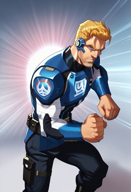 score_9, score_8_up, score_7_up, score_6_up, score_5_up, source_cartoon, 
highly detailed, high res, (dynamic shadows and lighting), ((MarvelRivals))
BREAK
 (1boy, jackm, strike commander morrison, blonde hair, blue eyes, sideburns, faux hawk, side swept, left bang), solo, bara, muscular, military pose, dark pant, cowboy shot, side view
(((dynamic pose, dynamic angle, action pose)))
BREAK
(((detailed background))), repair bay, laboratory