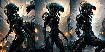(otherworldly), highly insanely detailed, masterpiece, top quality, best quality, highres, 4k, 8k, RAW photo, (very aesthetic, beautiful and aesthetic), 
__lazy-wildcards/cosplay-char/alien-predator/xenomorph/prompts__, 
<lora:FemXeno:1>, 
(1girl:1.3), eyes focus, 
__lazy-wildcards/dataset/background__,âââ