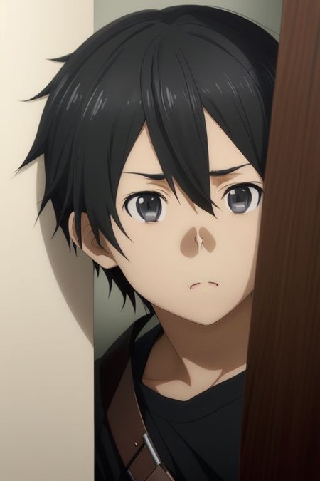 high resolution, solo, best quality, 1Boy, Kazuto Kirigaya, portraits, Black Hair, Black Eyes, surprised, peeking out, OverallDetail