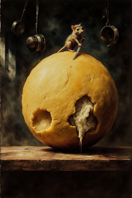 In the dim light of a rustic kitchen, a small, determined mouse stands atop a massive wheel of cheese, its tiny paws gripping the hilt of a miniature sword embedded deep within the golden surface. The cheese is cracked and aged, its texture rough and uneven, with curls of rind peeling away. A soft glow reflects off the polished blade as the mouse strains to pull it free, its whiskers twitching with effort. In the background, towering kitchen utensils loom like ancient monuments, casting long shadows across the wooden countertop. 
Dark Art