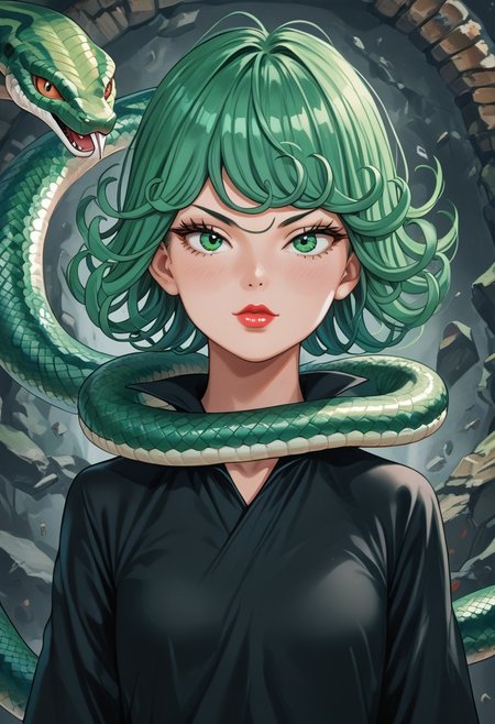 score_9,score_8_up,score_7_up,score_6_up,score_5_up,source_anime,1girl, 1girl, tatsumaki,  green eyes, saitama outfit, shortstack, looking at viewer, bald girl, 19yo, lipstick , flirty, snake, snake on shoulders, upper body view,