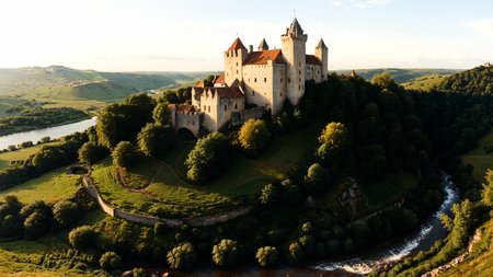 A medieval castle on a hill, its ramparts providing panoramic views of a meandering river and lush green valleys,  <lora:xl_more_art-full_v1:0.8>, Hard Lighting,  <lora:EnvyFeverDreamXL01a:0.7>,   <lora:The_Classic:0.8>