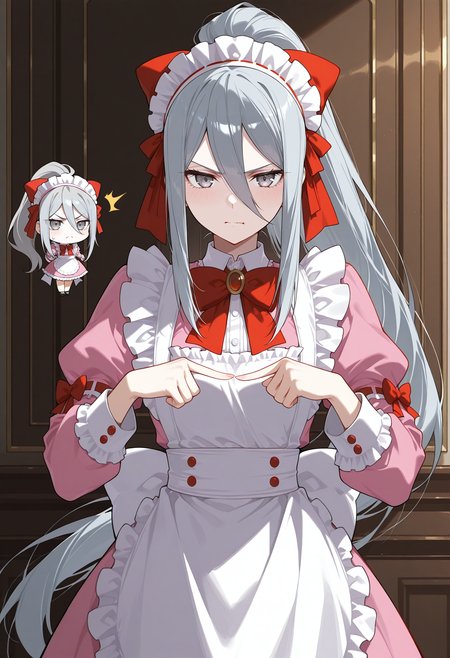 score_9, score_8_up, score_7_up, above the waist shot, standing,
, masterpiece, high quality, Expressiveh, best quality, , detailed, beautiful, detailed face, intricate details, highest quality-style, t, detailed background, beautiful eyes, detailed eyes, volumetric lighting, random pose, angry, chibi
BREAK  
<lora:Felli_loss:0.7>  felli, gray hair, gray eyes, 1girl, long hair, , pink maid, ponytail, red bow, 
<lora:Eyes_High_Definition:0.25> eyeshd
<lora:Expressive_H:1> expressiveh