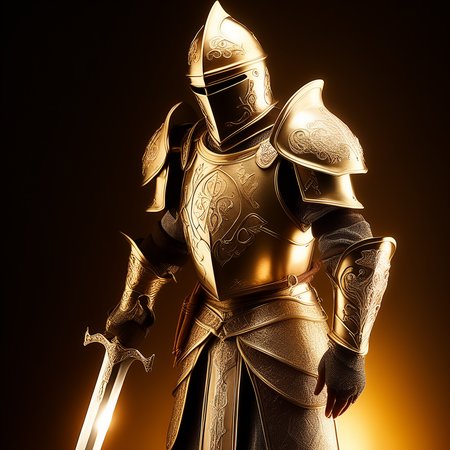 valiant knight in shining armor, intricately detailed with engraved patterns, holy symbols and delicate filigree on armor plates, ornate helmet with a plume, radiant holy sword emitting soft golden light, finely crafted blade with glowing runes, divine aura, hyper-realistic textures, cinematic lighting, vibrant highlights and deep shadows, dramatic pose, mystical atmosphere, sacred light illuminating surroundings, high-definition, ultra-detailed armor, ethereal glow on sword, legendary hero, medieval fantasy, divine warrior, intricate mvaliant knight in shining armor, intricately detailed with engraved patterns, holy symbols and delicate filigree on armor plates, ornate helmet with a plume, radiant holy sword emitting soft golden light, finely crafted blade with glowing runes, divine aura, hyper-realistic textures, cinematic lighting, vibrant highlights and deep shadows, dramatic pose, mystical atmosphere, sacred light illuminating surroundings, high-definition, ultra-detailed armor, ethereal glow on sword, legendary hero, medieval fantasy, divine warrior, intricate metalwork, soft mist in background, holy presence, improvedetalwork, soft mist in background, holy presence, high resolution, photorealistic, highly detailed, improved