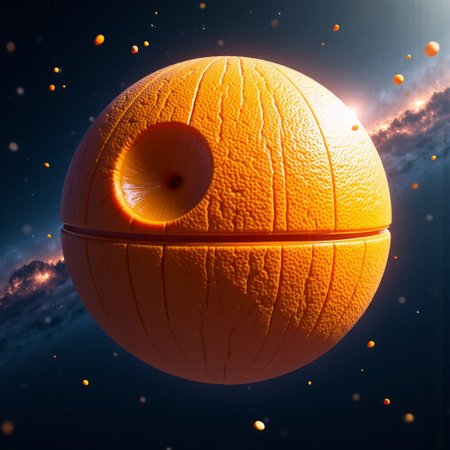 A surreal and whimsical depiction of the iconic Death Star, reimagined entirely from textured orange peel, floating ominously in the vastness of space. The structure maintains its recognizable spherical form, with the trench lines and massive concave superlaser dish seamlessly integrated into the organic, dimpled surface of citrus rind. The peel's natural imperfections—subtle pores, curled edges, and occasional fibrous strands—add an uncanny realism to this cosmic fruit construct. Deep grooves and carefully arranged segments replicate the Death Star’s mechanical paneling, yet remain entirely organic, as if carved from a colossal celestial orange. Tiny fragments of zest drift away like asteroids, evoking the crumbling remnants of an otherworldly fruit. The backdrop is a sprawling cosmic expanse, peppered with distant stars and nebulae, their cool blues and purples contrasting sharply with the warm, sunlit vibrance of the Death Star’s tangerine-hued surface. The lighting casts soft, radiant highlights across the peel, emphasizing its slightly glossy, uneven texture while deepening the shadows within its iconic architectural details. The overall composition blends humor, surrealism, and epic sci-fi grandeur, transforming an intergalactic superweapon into a colossal, spacefaring citrus marvel.