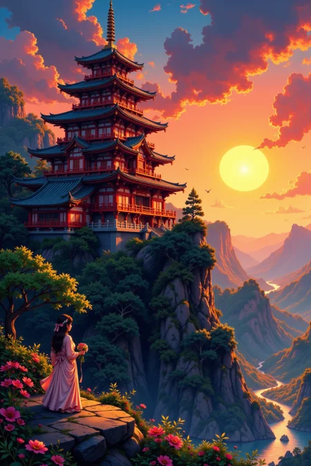 an oriental mansion beautiful  anime landscape, sunset, woman, very intricate, very detailed, sharp, bright, colorful, <lora:Hand v2:0.5> <lora:Anti-Blur:1><lora:Insane Detail Slider:0.25>  <lora:flux.1_lora_flyway_Epic-detail_v2:0.3> <lora:fluxenhancer:0.25> <lora:ROWER:0.6>   <lora:Niji Anime Stan Katayama:0.8> Niji Stan Katayama Style