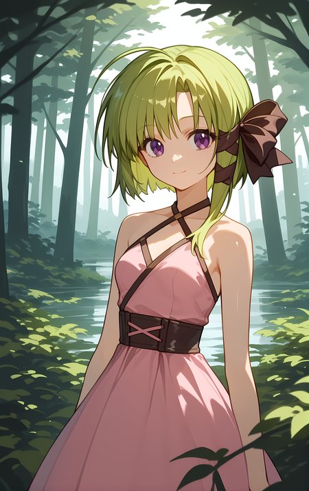 (score_9,score_8_up,score_7_up), light smile, shiny skin, ohwx, 1girl, solo, green_hair, short_hair, purple_eyes, hair_ribbon, ribbon, short_hair_with_long_locks, tress_ribbon, bow, ahoge, small_breasts, very_long_hair, asymmetrical_hair, long_hair,dress, pink_dress, halterneck, bare_shoulders, sleeveless, forest,<lora:asa_shigure_pony_sobsynapse-000005:1>