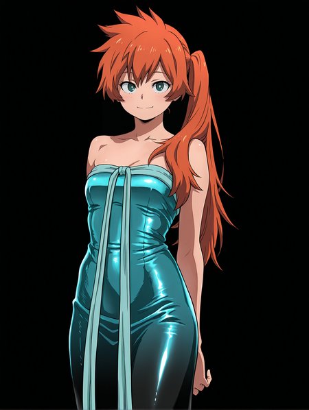 <lora:Kendo Illu:1>
1girl, solo,
kend0, long hair, orange hair, side ponytail, green eyes, 
kendocont3st, aqua dress, shiny dress, long dress, gradient dress, strapless dress, chest ribbon, long ribbon, 
cowboy shot, smile, looking at viewer, masterpiece, best quality, amazing quality,, simple background, black background