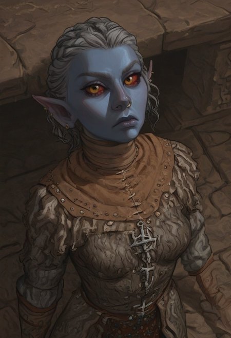 safe_pos, solo, short pointy ears, piercings, random elf face, aquiline features, female dark elf, brow rings, nose rings, beaded piercings, weathered skin, large nose, insect chitin armor, insect chitin helmet, insect chitin ornaments, stylized insect pattern, athletic build,  animated realism, zoomed out, Syrian features, torso, brass pipes and gears, intricate architecture, dwarven masonry, dwemer fixtures, white-green light, gloomy lighting, ancient ruins, interior, stone tiled floor, grey-blue skin, mahogany and ivory clothes, medium armor, bone plate armor, ivory straps and fittings, alien bone ornaments, grey wood neckguard, red sclera, black pupils, blue-green light, neon, highly detailed, defined features, looking at viewer, three quarters view, from above, dynamic lighting, 19 years old, light and shadows, patterned cloth, annoyed expression, expressive eyes, detailed medieval clothes, medium_breasts, short hair, wavy hair, thick hair, beaded hair, braided hair, under cut hair, semirealistic, alien elf, spanish features, jewish features, white grey hair, dark red hair, umber skin, sharp features, pastel green inuit print cloak, nighttime, high detail, absurdres, pretty eyes, detailed eyes, yellow eyes,