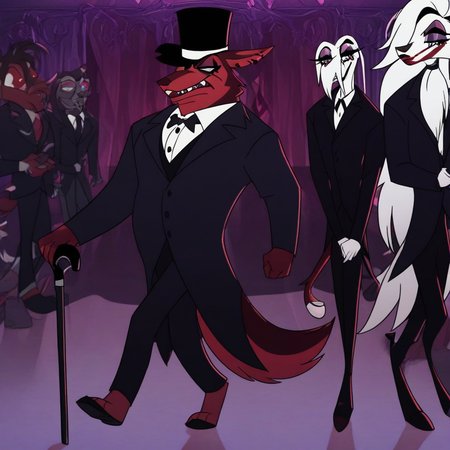 masterpiece, best quality, newest, absurdres, highres, anime, anime style, HB-Style-V1.0, official style,  1boy, HH-HBV1.0, furry male, goth, goth boy, top hat, monoclke, gentelman, walking cane, coat, suit, official attire, makeup, red fur, white hair, long hair, eyehsadow, classy, elegant,