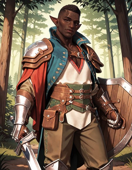 masterpiece, best quality, absurdres, newest, perfect quality, best quality, absolutely eye-catching, detailed background, intricate details, realistic, male focus, <lora:Dragon Age Veilguard - Davrin - Illustrious-000009:0.7>,  dav_davrin, 1boy, mature male, elf, pointy ears, very dark skin, curly hair, buzz cut, dark brown eyes, facial tattoo, white shirt, v-neck, pants, coat, side cape, gauntlets, single pauldron, armored boots, contrapposto, looking at viewer, outdoors, forest, holding sword, holding shield, head tilt, fighting stance