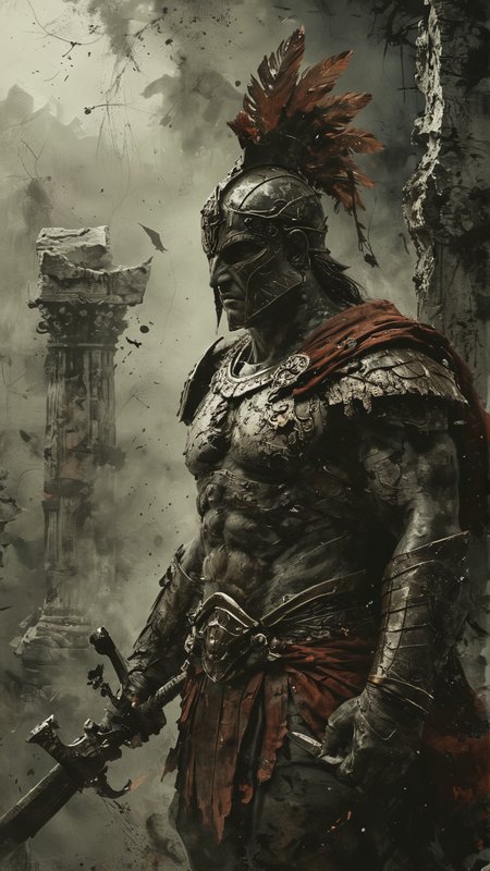 Create a dark fantasy depiction of an ancient Greek warrior. The warrior should have a muscular build and be clad in weathered bronze armor adorned with intricate engravings and battle scars. He wears a Corinthian helmet with a plume of dark feathers. His eyes glow with an otherworldly light, hinting at a mystical power. The background is a dark, stormy battlefield with flashes of lightning illuminating ruined temples and broken statues of gods. Shadows and mist swirl around him, enhancing the eerie and ominous atmosphere. The overall mood is grim and intense, capturing the essence of a mythical hero in a haunting, ancient world.
. black and white but deep red. white background
<lora:add-detail-xl:2> <lora:MJ52:0.5> <lora:ink-style_A3.1_XL:0.66> (ink-style, ink_wash_painting)