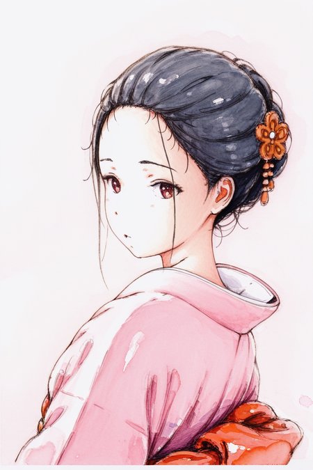 masterpiece, best quality, amazing quality,
 <lora:Bbmasa_IL:1> bbmasa, 1girl, solo, japanese clothes, kimono, traditional media, hair ornament, looking at viewer, black hair, upper body, looking back, simple background, forehead, sketch, colored pencil (medium), watercolor (medium), painting (medium),
