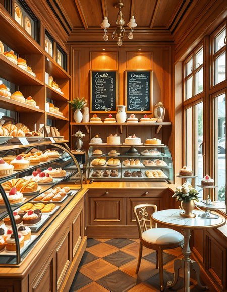A beautifully designed, elegant pastry shop with a luxurious European-inspired aesthetic. The interior features intricate moldings, high ceilings, and large arched windows that allow natural daylight to stream in, casting a soft glow over the polished marble floors. The walls are adorned with pastel-colored wallpaper, delicate gold accents, and vintage-style framed paintings of pastries and tea sets.
The centerpiece of the shop is a long glass display case filled with an exquisite assortment of pastries, including colorful macarons, delicate éclairs, fruit tarts with glistening glaze, and elegantly decorated cakes with intricate sugar flowers. Behind the counter, shelves lined with neatly arranged boxes of artisanal chocolates, fine teas, and jars of homemade jam add to the refined atmosphere. Crystal chandeliers hang from the ceiling, casting a warm golden light that reflects off the glass surfaces.
Small round tables with marble tops and wrought iron chairs are arranged neatly throughout the space, each set with fine porcelain teacups and decorative napkins. A large antique-style clock hangs on the wall above a wooden shelving unit filled with fresh baguettes and croissants resting in woven baskets. The air is filled with the inviting scent of fresh-baked pastries, vanilla, and rich espresso.
In the background, a grand espresso machine with polished brass fittings sits atop a marble counter, next to a beautifully arranged tiered cake stand displaying freshly made confections. A large, arched doorway with a carved wooden frame leads to a cozy back room with additional seating and a vintage-style menu board showcasing the shop's specialties written in elegant calligraphy. The entire setting evokes a sense of refinement, charm, and indulgence, with a warm and welcoming ambiance.
<lora:SDXLFaeTastic2400:0.4> <lora:extremely_detailed:0.4> extremely detailed, <lora:elegant_p4stry_sh0p_illus:1>,elegant p4stry sh0p, Masterpiece,best quality,hi res,8k,hi res,8k,award winning,(sharp focus, intricate, highly detailed),